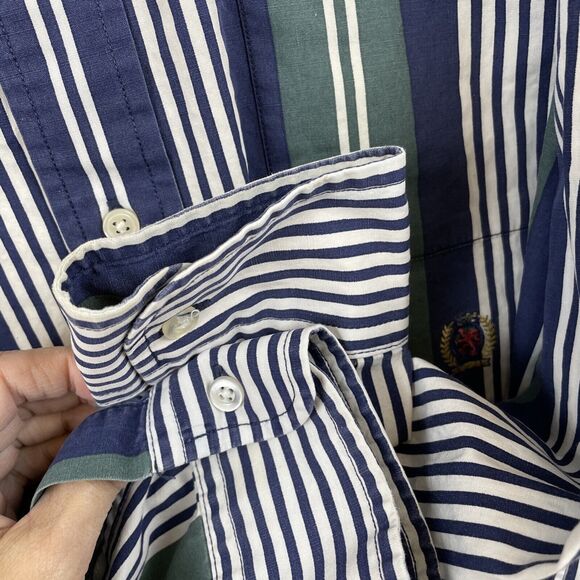 Vintage 90s Tommy Hilfiger Blue & Green Striped Mens Medium Shirt Button - Picture 9 of 9